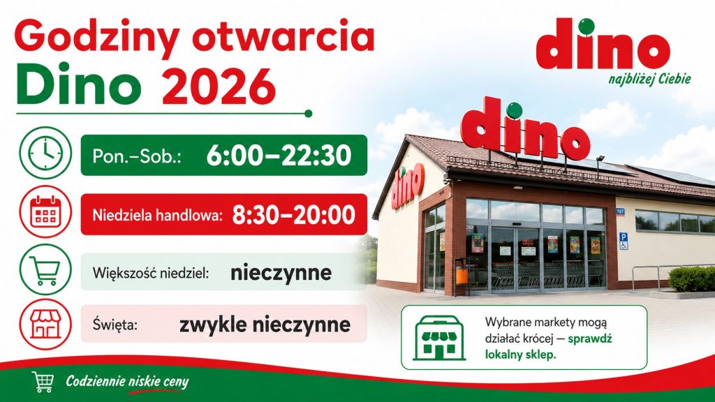 Godziny otwarcia Dino 2026: dni powszednie, soboty, niedziele handlowe i święta
