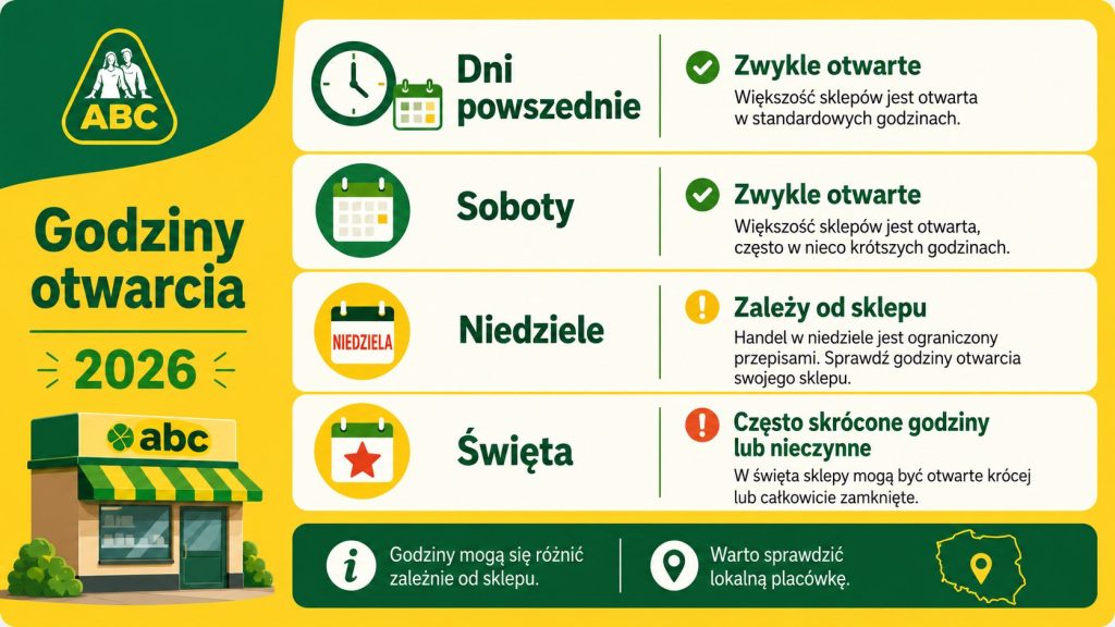 Godziny otwarcia ABC 2026 – dni powszednie, soboty, niedziele i święta. Sprawdź sklepy