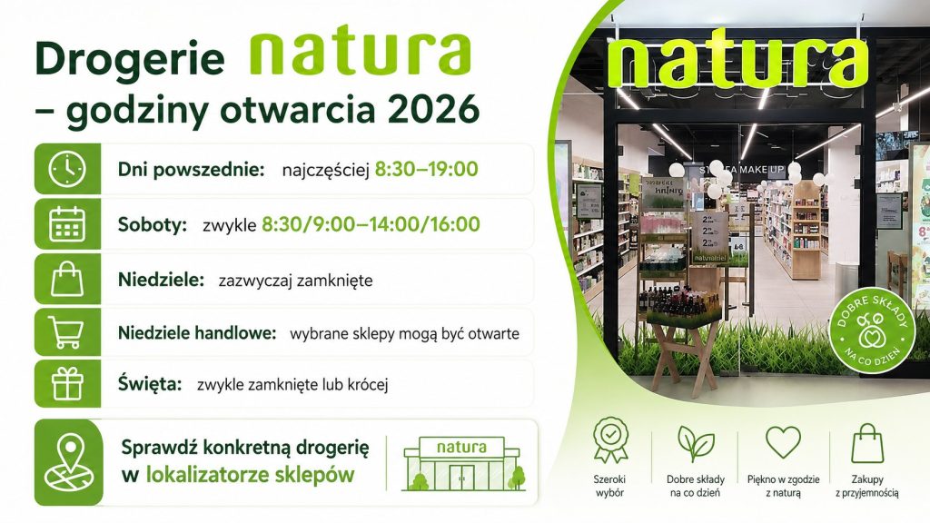 Drogerie Natura godziny otwarcia 2026: dni powszednie, soboty i niedziele handlowe w Polsce
