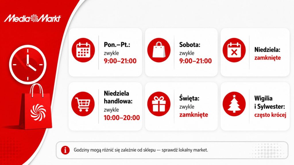 Godziny otwarcia Media Markt 2026: dni powszednie, soboty, niedziele handlowe i święta w galeriach.