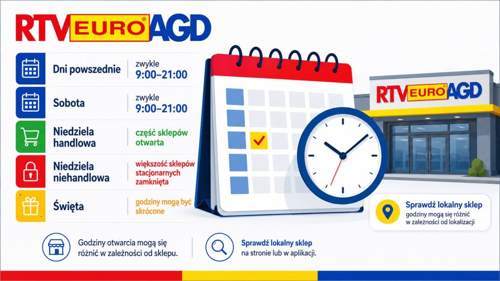 Godziny otwarcia RTV Euro AGD w 2026: soboty, niedziele handlowe, święta i odbiór zamówień w Polsce