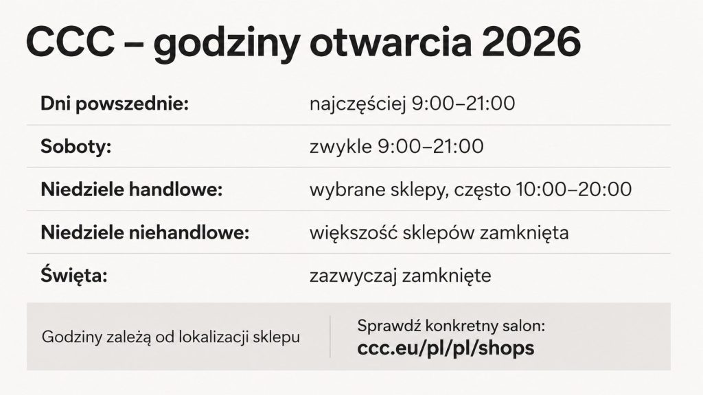 Godziny otwarcia CCC 2026: dni powszednie, soboty, niedziele handlowe i święta w Polsce