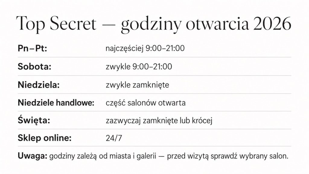 Godziny otwarcia Top Secret 2026 – salony w tygodniu, soboty, niedziele, święta i sklep online w PL