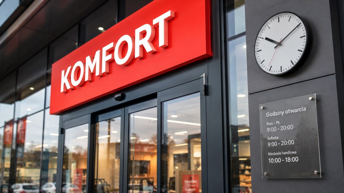 Godziny otwarcia Komfort w 2026 roku – dni powszednie, soboty i niedziele. Sprawdź, czy Komfort jest otwarty w niedzielę i jak działa w święta.