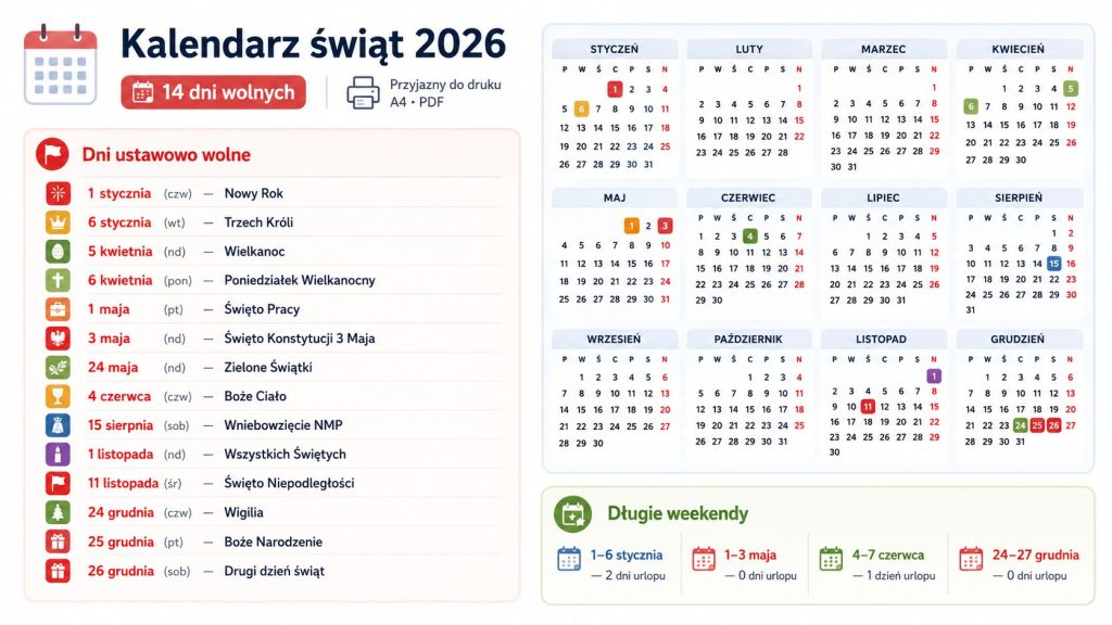 Kalendarz świąt 2026 do druku – PDF z dniami wolnymi