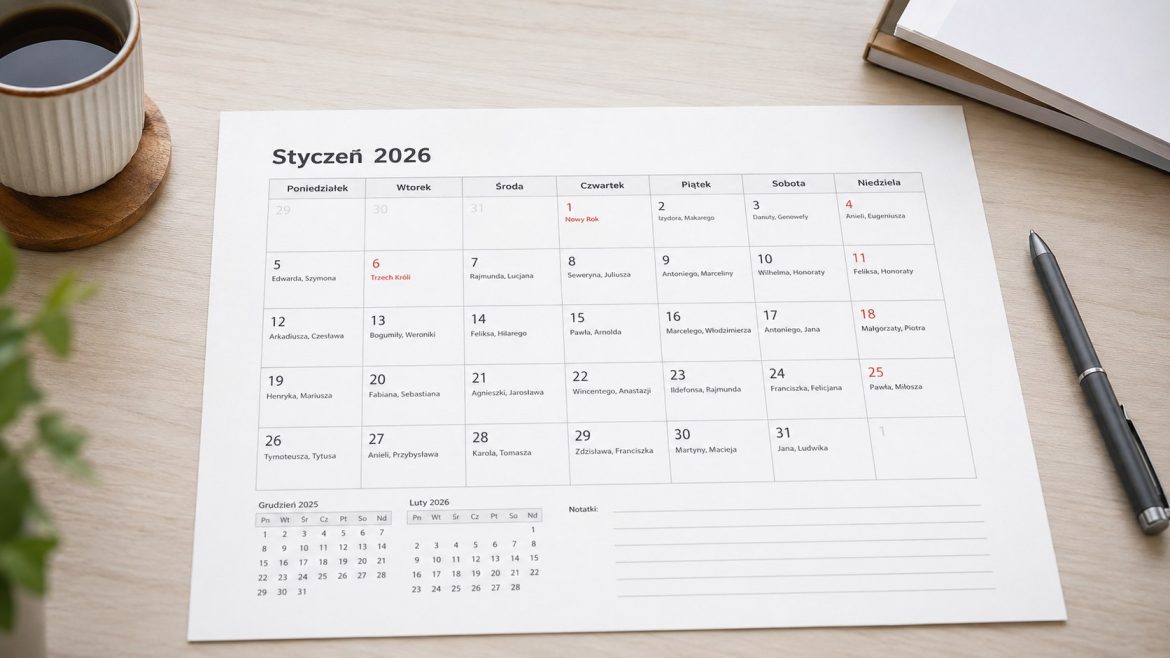 Kalendarz świąt 2026 do druku w PDF z wszystkimi dniami wolnymi od pracy. Pobierz, wydrukuj i zaplanuj urlop oraz długie weekendy.