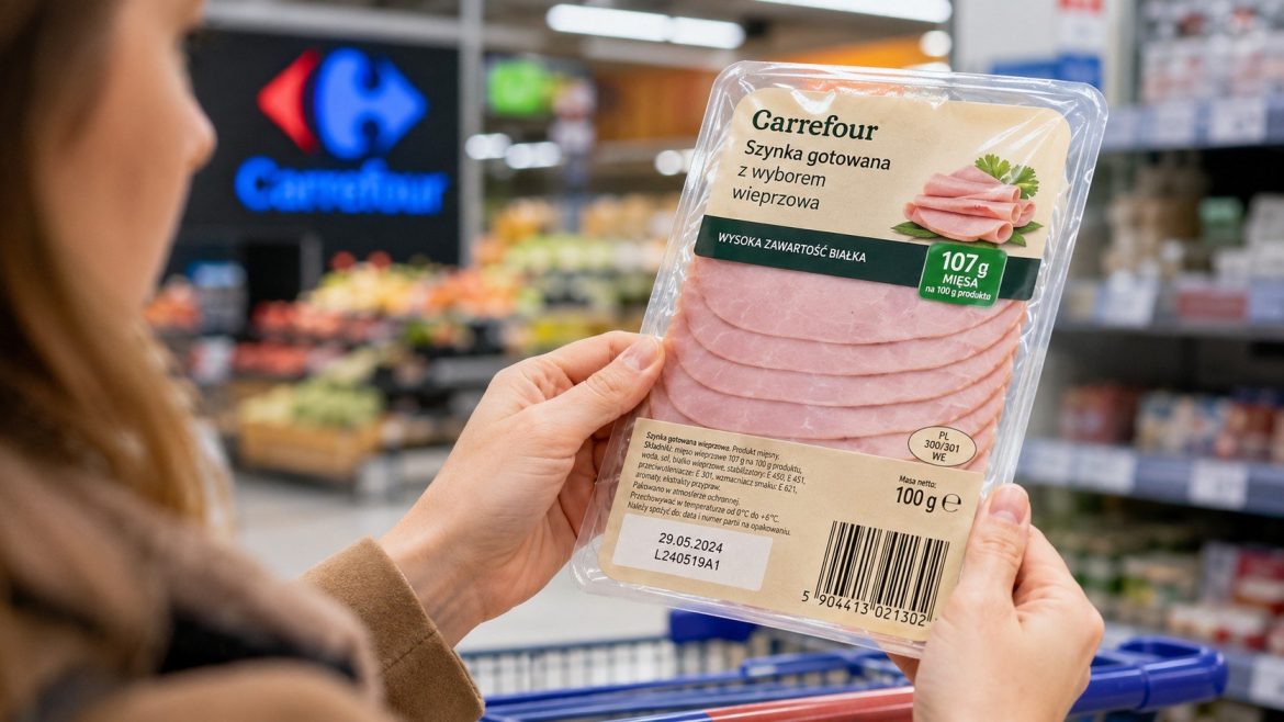 Carrefour wycofuje szynkę Polska Gościna po wykryciu Listerii. Sprawdź partię 1000-188, termin 24.07.2026, kod produktu, zasady zwrotu z paragonem i oficjalne zalecenia GIS dla klientów.
