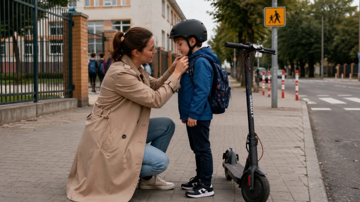 Dziecko na hulajnodze elektrycznej do szkoły w Polsce? Sprawdź wiek, kartę rowerową, obowiązkowy kask, limit 20 km/h, zasady jazdy po chodniku i przejściach oraz odpowiedzialność rodzica przed szkołą.