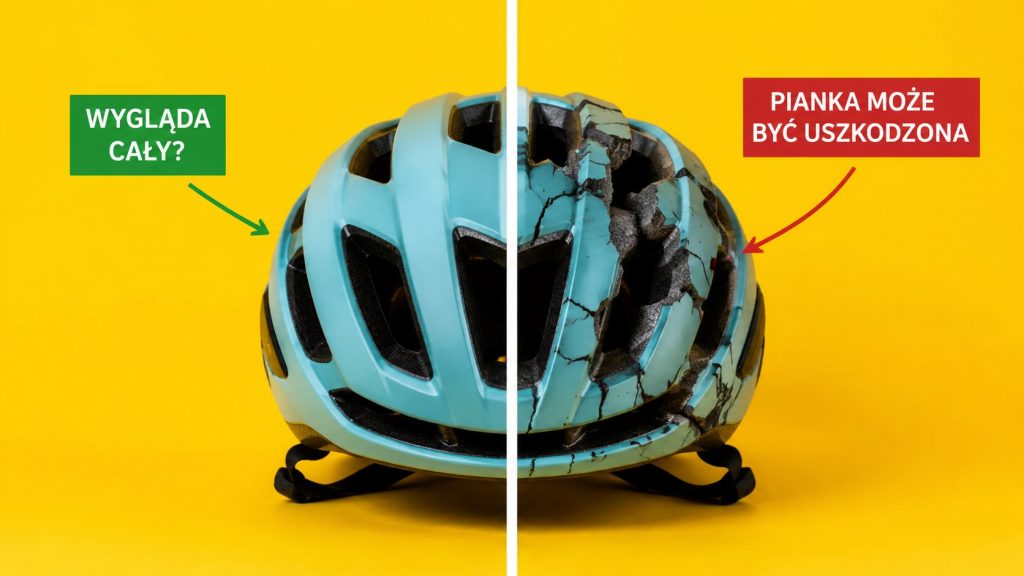 Kask rowerowy po upadku wygląda na cały? Uszkodzeń pianki często nie widać