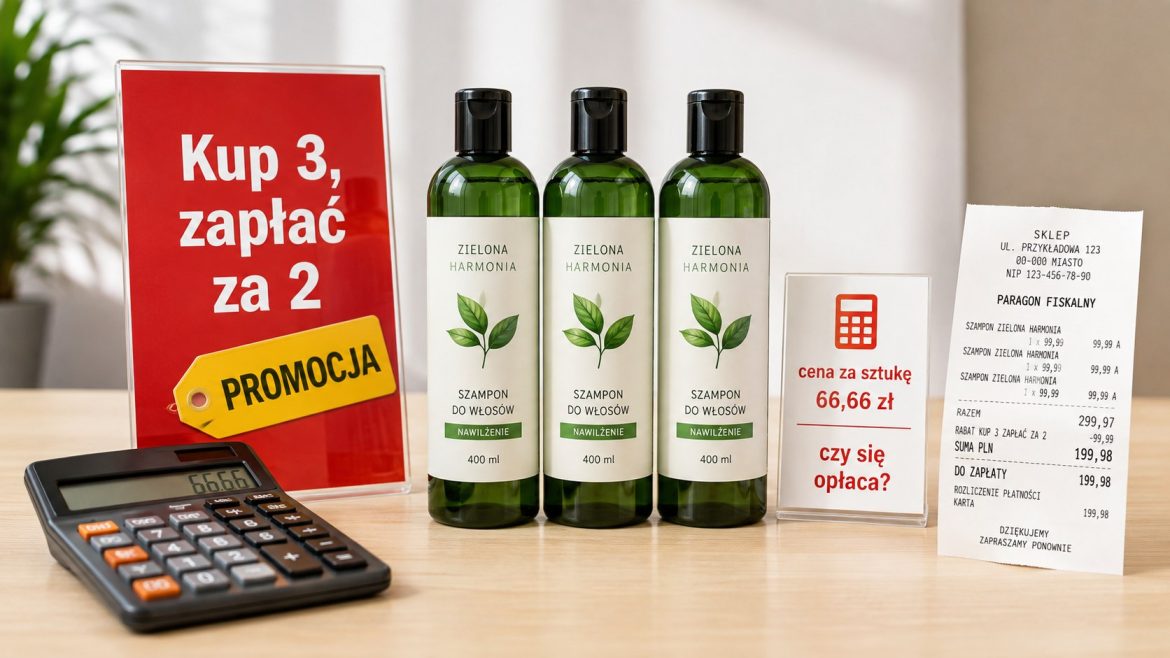 Promocja „Kup 3, zapłać za 2” daje zwykle 33,33% rabatu tylko przy równych cenach. Sprawdź wzór, cenę sztuki, pułapki regulaminu, limity oraz porównanie z najniższą ceną z 30 dni przed obniżką cenową.